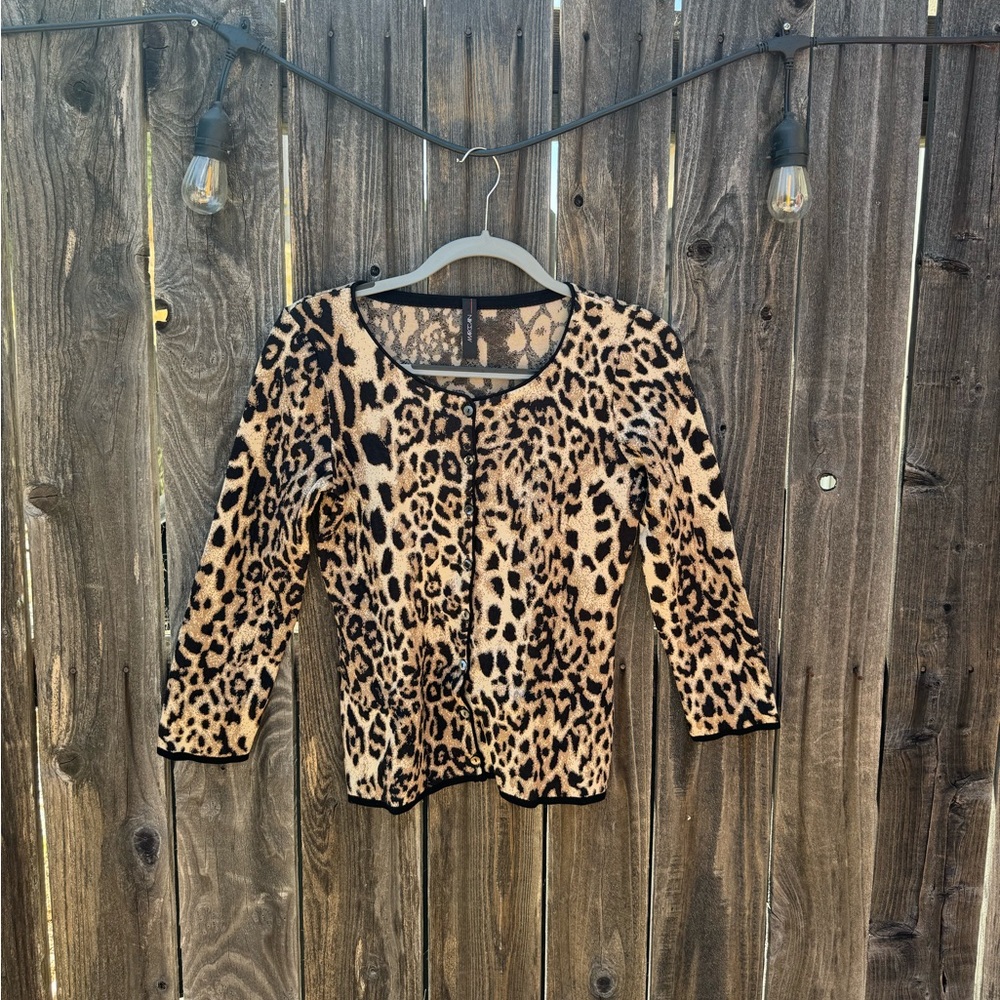 Marc Cain Brown Black Tan Spotted Leopard Print Button Down Cardigan Silk Blend